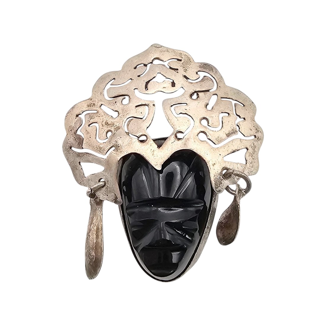 Mexico Onyx Sterling Silver Mask Brooch 9.1 G: Mexico Onyx Sterling Silver Mask Brooch 9.1 G