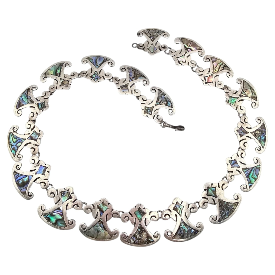 MB Mexico 950 Silver Abalone Necklace 67.7 G: MB Mexico 950 Silver Abalone Necklace 67.7 G, cracked stones as shown in photos