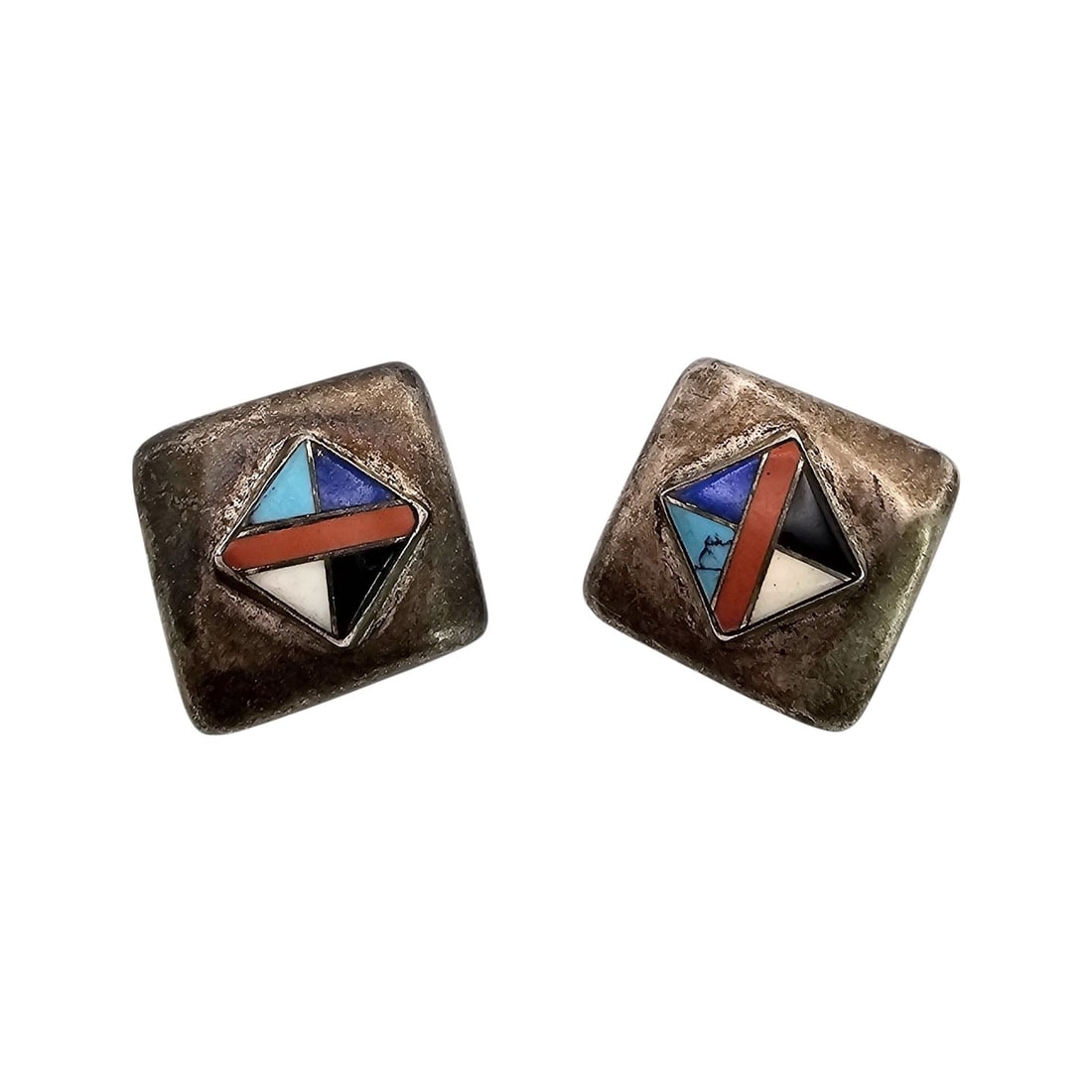 Mexico Sterling Silver Multi-Stone Earrings 25.7 G: Mexico Coral Onyx Turquoise Mother Of Pearl Lapis Sterling Silver Earrings 25.7 G