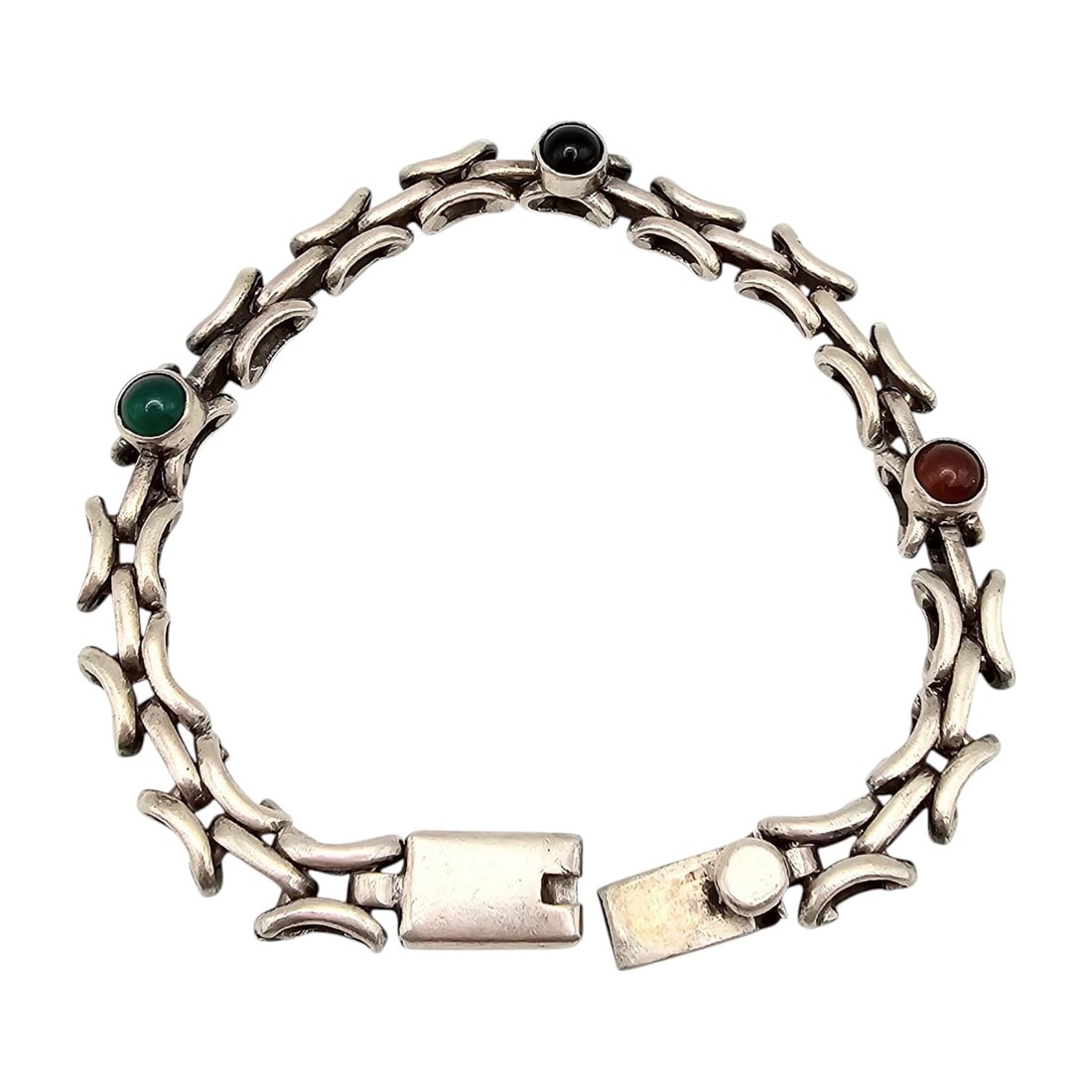Mexico Sterling Silver Multi-Stone Link Bracelet 25 G: Mexico TF-65 Coral Onyx Malachite Sterling Silver Link Bracelet 25 G