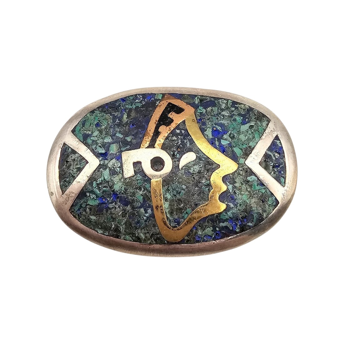Mexico Crushed Turquoise Sterling Silver Aztec Brooch Pendant 13.3 G: Mexico Crushed Turquoise Sterling Silver Aztec Brooch Pendant 13.3 G