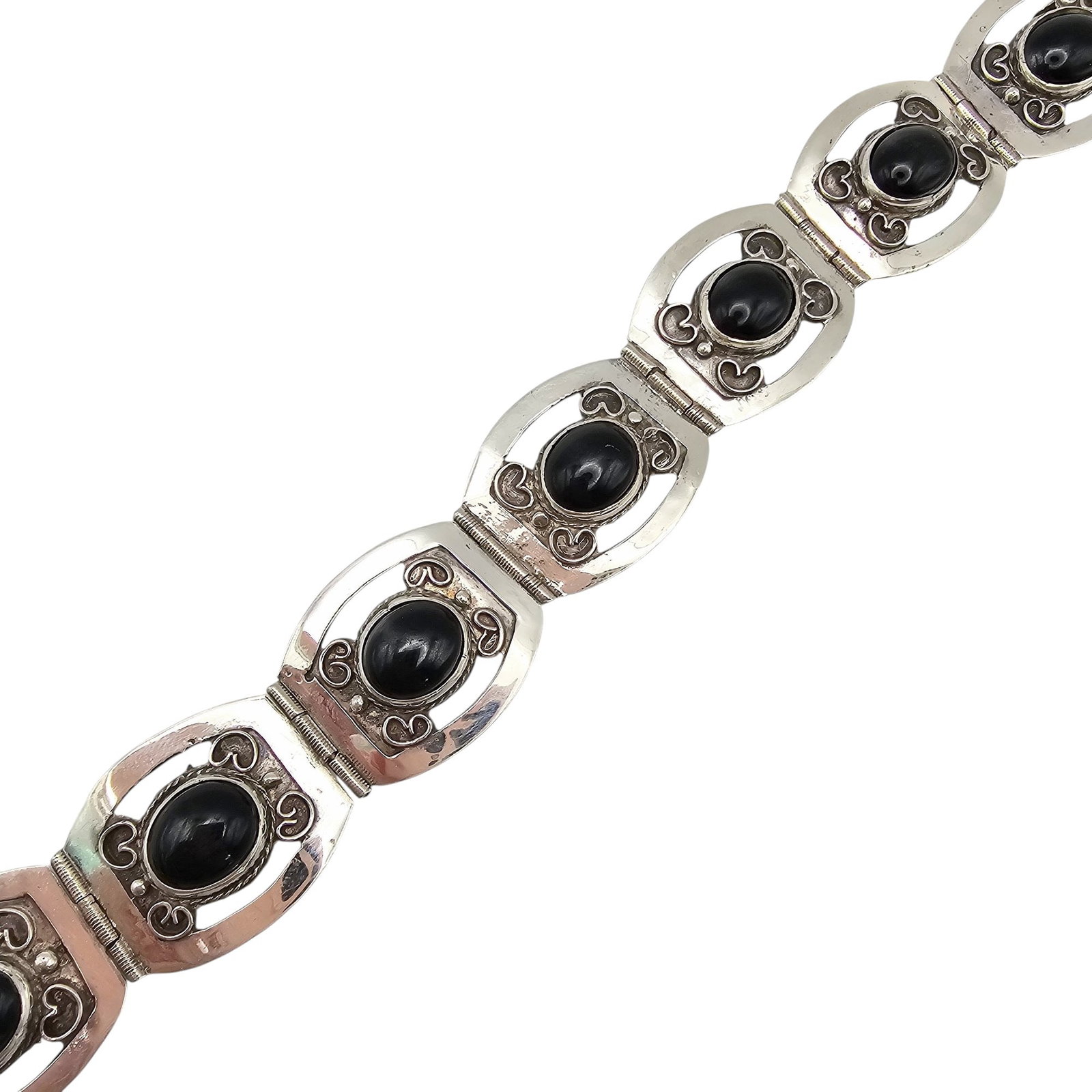 Signed Mexico Onyx Sterling Silver Panel Bracelet 25.7 G: Signed Mexico Onyx Sterling Silver Panel Bracelet 25.7 G