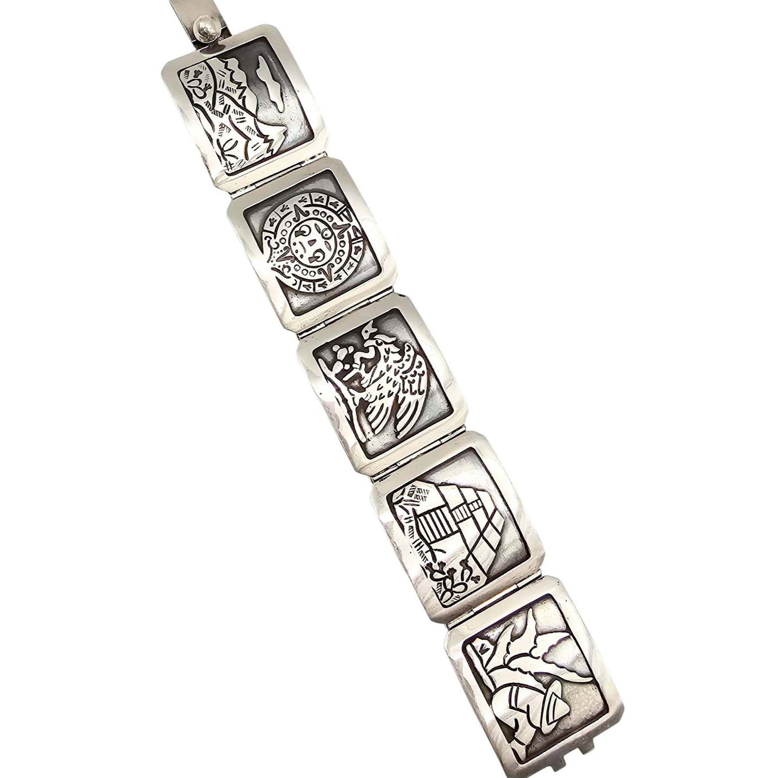 Damaso Gallegos Taxco Sterling Silver Storyteller Bracelet 57.8 G: Damaso Gallegos Taxco Sterling Silver Storyteller Bracelet 57.8 GSigned DG, Sterling, Taxco
