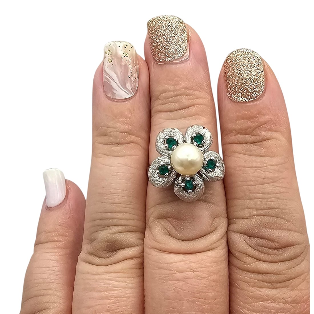 Rhinestone Pearl Sterling Silver Adjustable Ring 5 G - 2