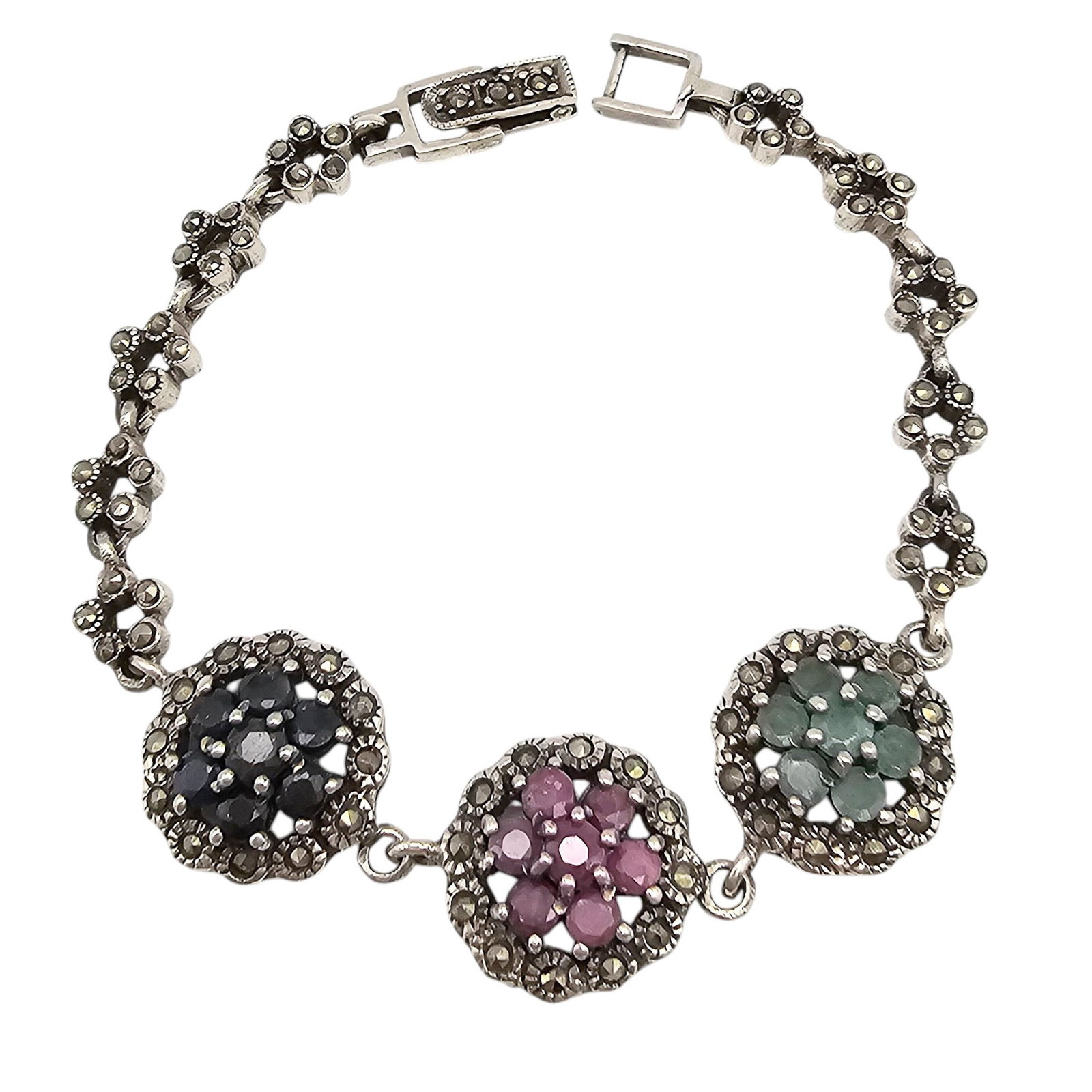 Marcasite Sapphire Ruby Emerald Sterling Silver Bracelet 18.6 G: Marcasite Sapphire Ruby Emerald Sterling Silver Bracelet 18.6 G