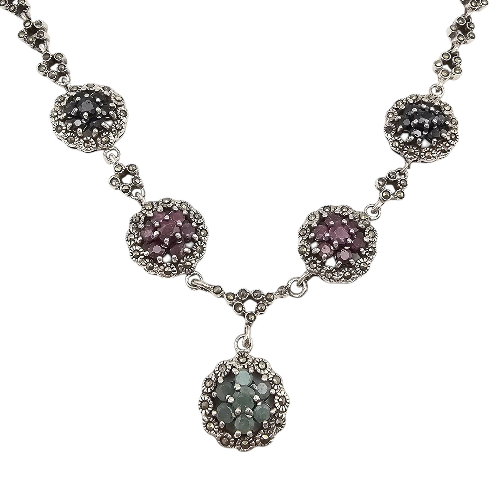 Marcasite Sapphire Ruby Emerald Sterling Silver Necklace 42.3 G: Marcasite Sapphire Ruby Emerald Sterling Silver Necklace 42.3 G