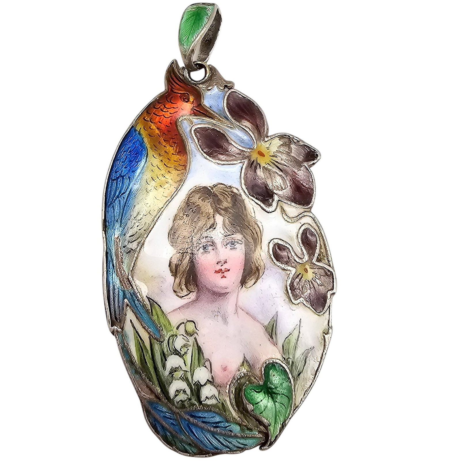 Antique Art Nouveau Sterling Silver Hand Painted Enamel Nature Maiden Pendant 23.3g: Amazing Antique Art Nouveau Sterling Silver Hand Painted Enamel Nature Maiden Pendant 23.3g, Semi-nude nymph, signed "Sterling"