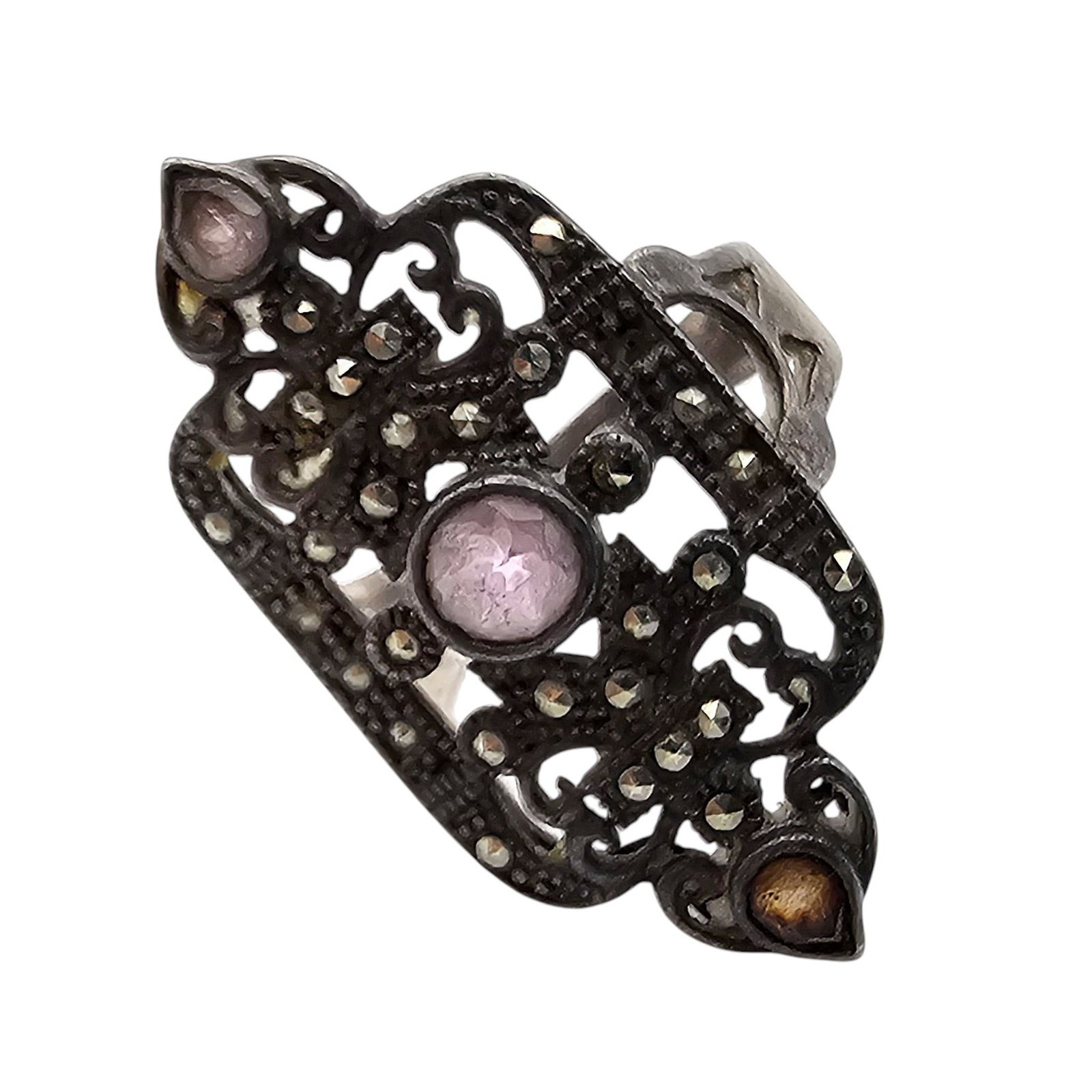 A Amethyst Marcasite Sterling Silver Ring Size 5.5 6.7 G: A Amethyst Marcasite Sterling Silver Ring Size 5.5 6.7 G Bent band