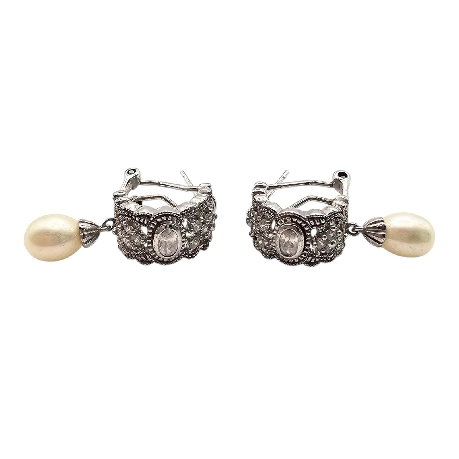 ESPO Cubic Zirconia Pearl Sterling Silver Earrings 8.9 G: ESPO Cubic Zirconia Pearl Sterling Silver Earrings 8.9 G