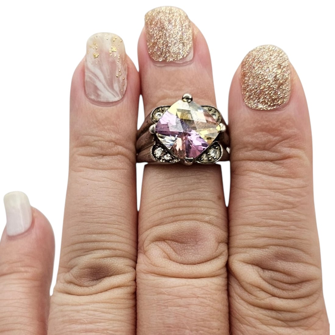 multi color stone Sterling Silver Ring Size 5.75 8 G - 3