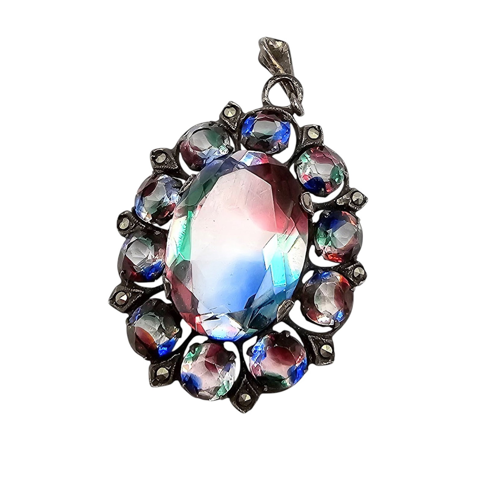 Vintage Sterling Silver Iris Glass Pendant 7.3 G: Vintage Sterling Silver Iris Glass Pendant 7.3 G