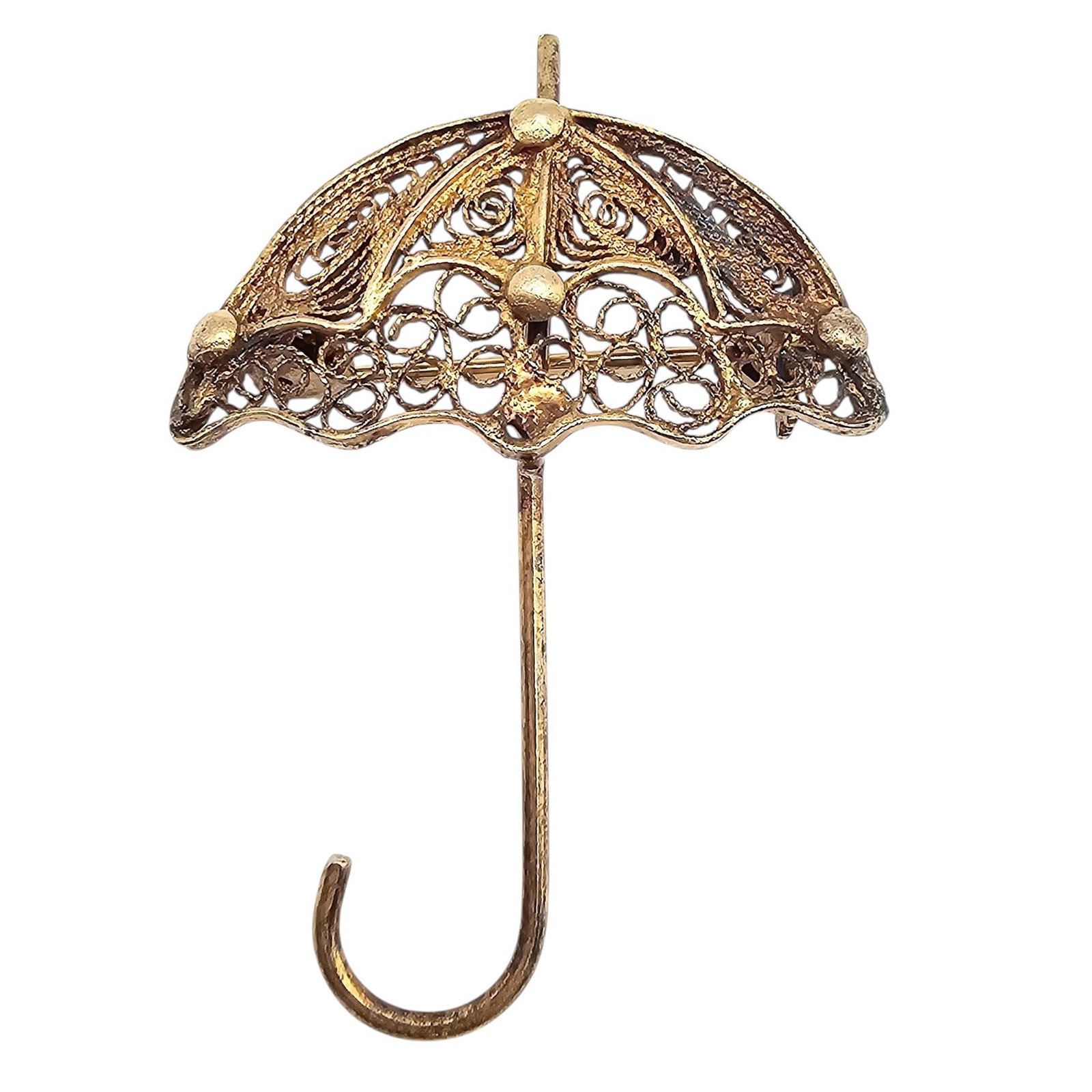 Gold Over Sterling Silver Filigree Umbrella Brooch 3.4 G: Gold Over Sterling Silver Filigree Umbrella Brooch 3.4 G