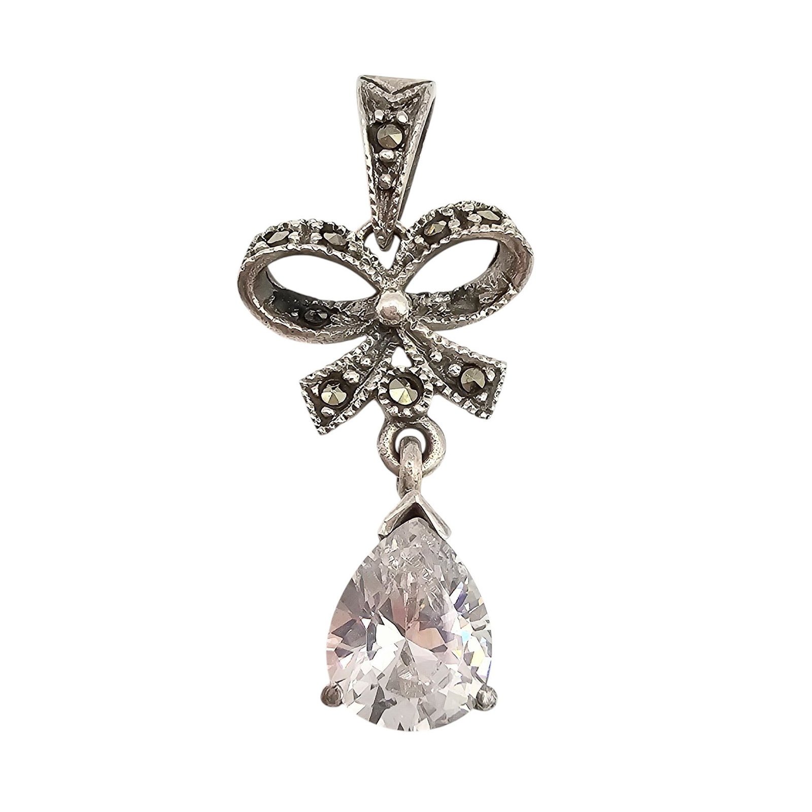 Marcasite Rhinestone Sterling Silver Bow Pendant 3.5 G (1 of 4)
