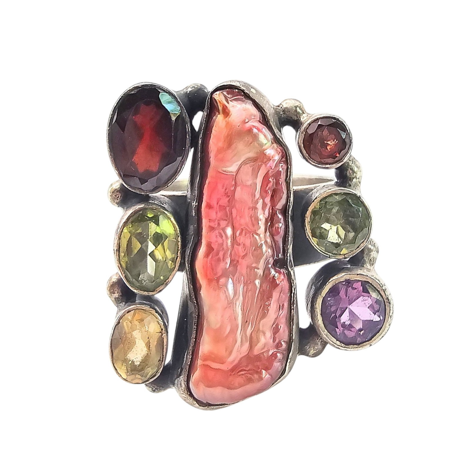 Pearl Amethyst Peridot Garnet Sterling Silver Ring Size 8.75 12.6 G (1 of 4)