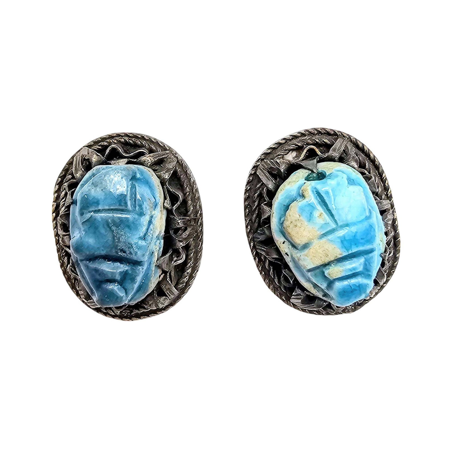 Vintage Carved Scarab Sterling Silver Egyptian Revival Earrings 9.6 G (1 of 4)