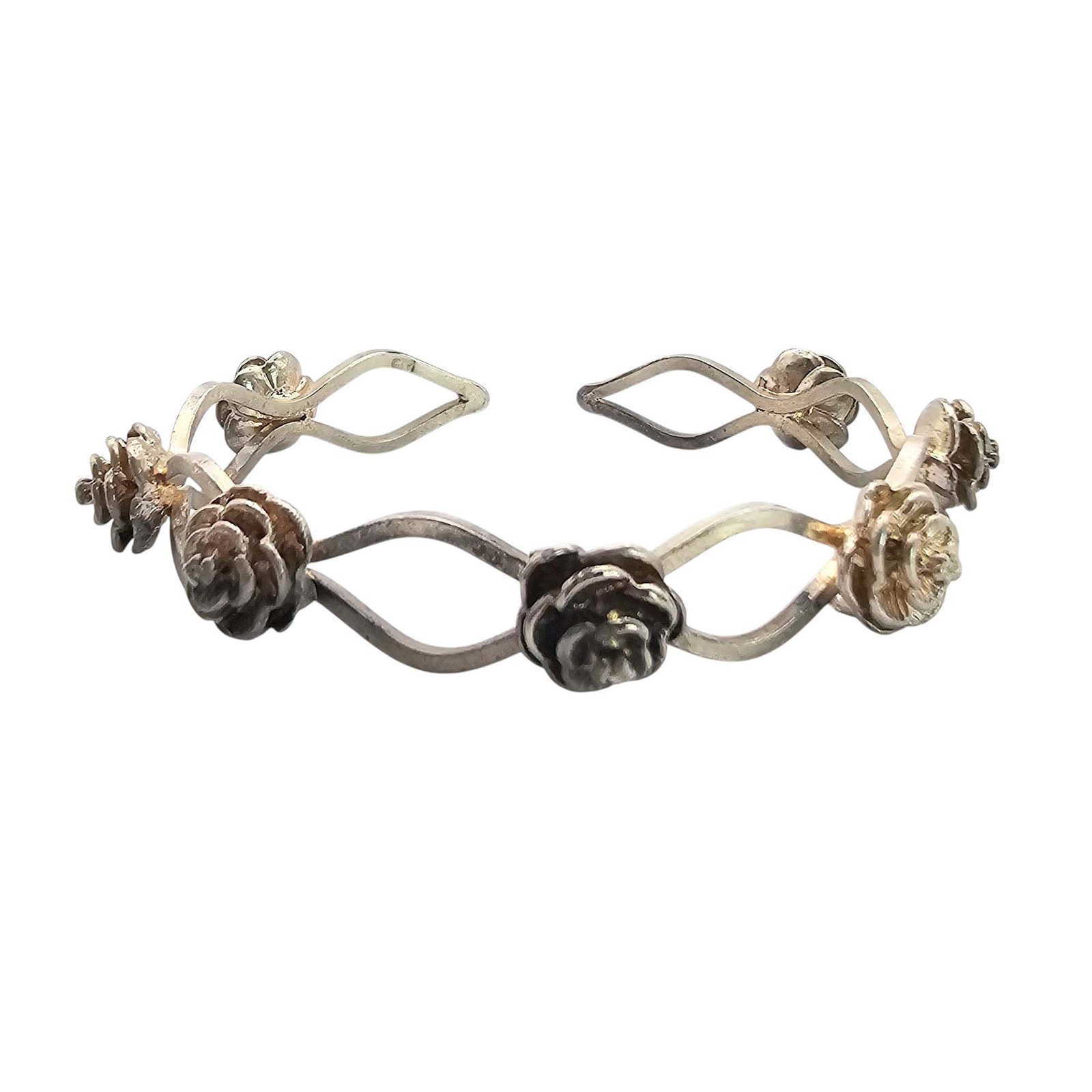 Vintage Sterling Silver Rose Cuff Bracelet 17.9 G: Vintage Sterling Silver Rose Cuff Bracelet 17.9 G