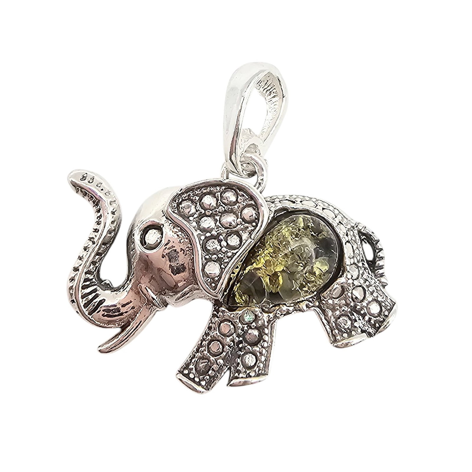 Green Amber Sterling Silver Elephant Pendant 2.6 G: Green Amber Sterling Silver Elephant Pendant 2.6 G