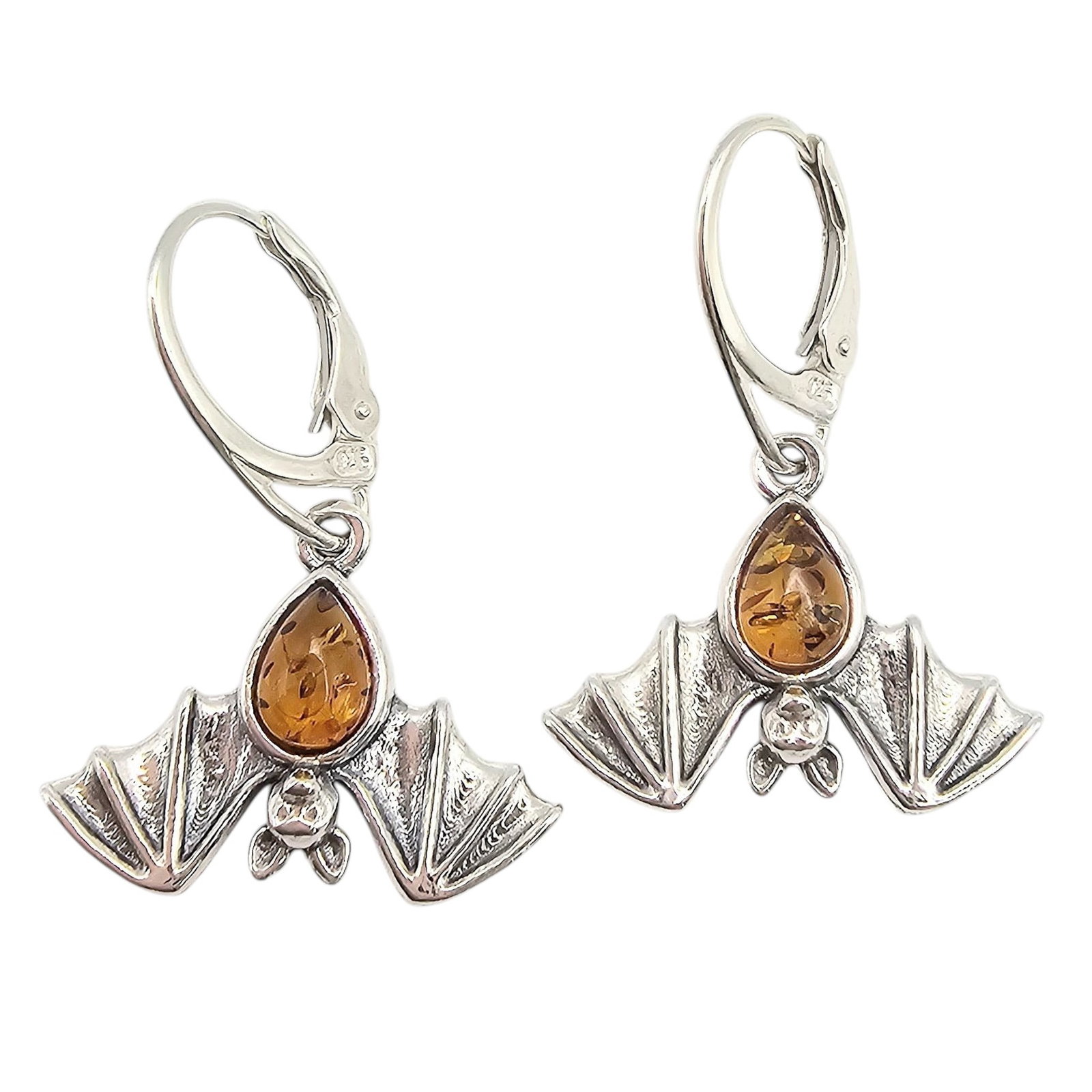 Amber Sterling Silver Bat Drop Dangle Earrings 4.4 G: Amber Sterling Silver Bat Drop Dangle Earrings 4.4 G