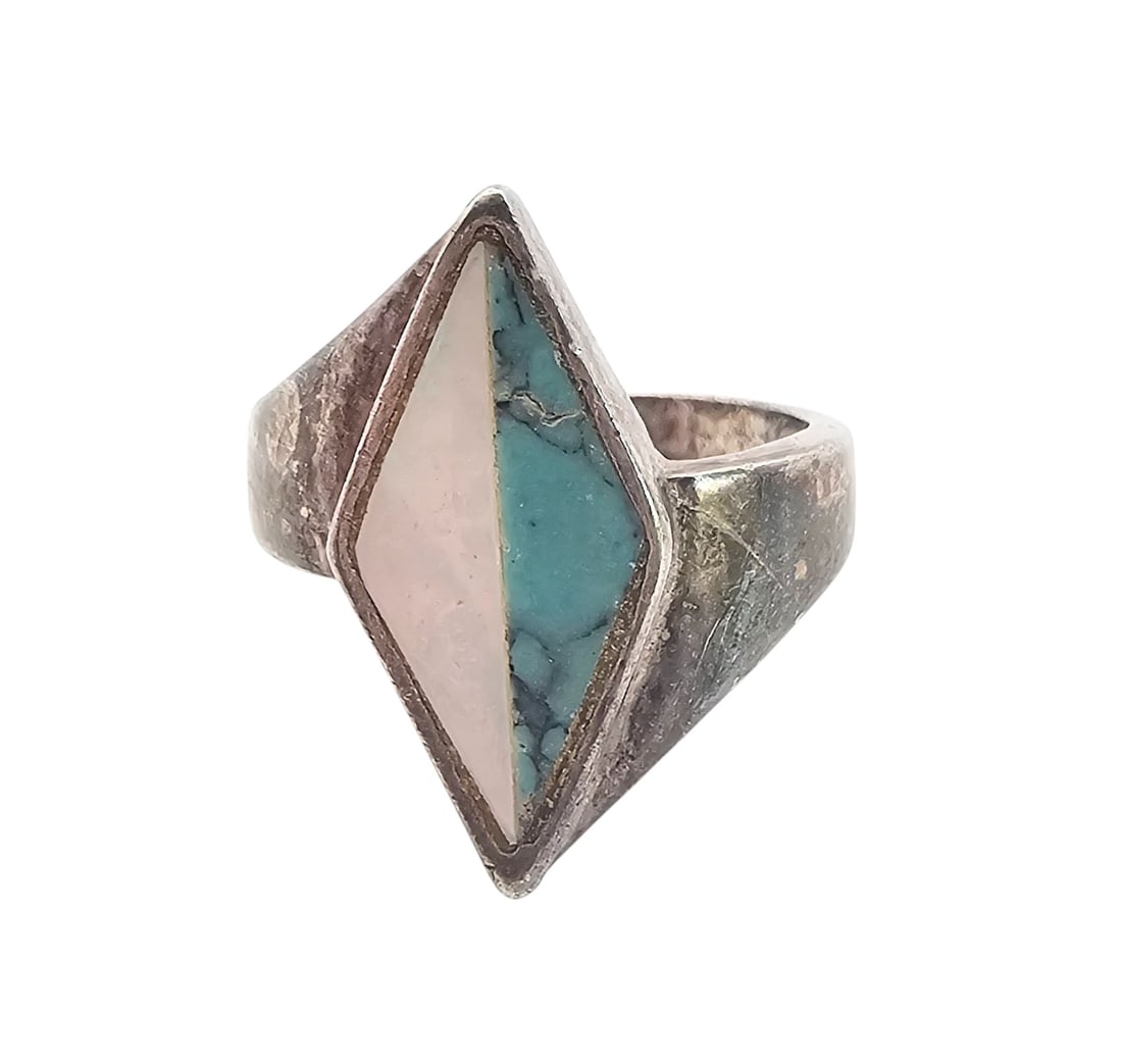 Southwestern Turquoise Mother Of Pearl Sterling Silver Ring Size 8 4.8 G: Southwestern Turquoise Mother Of Pearl Sterling Silver Ring Size 8 4.8 G