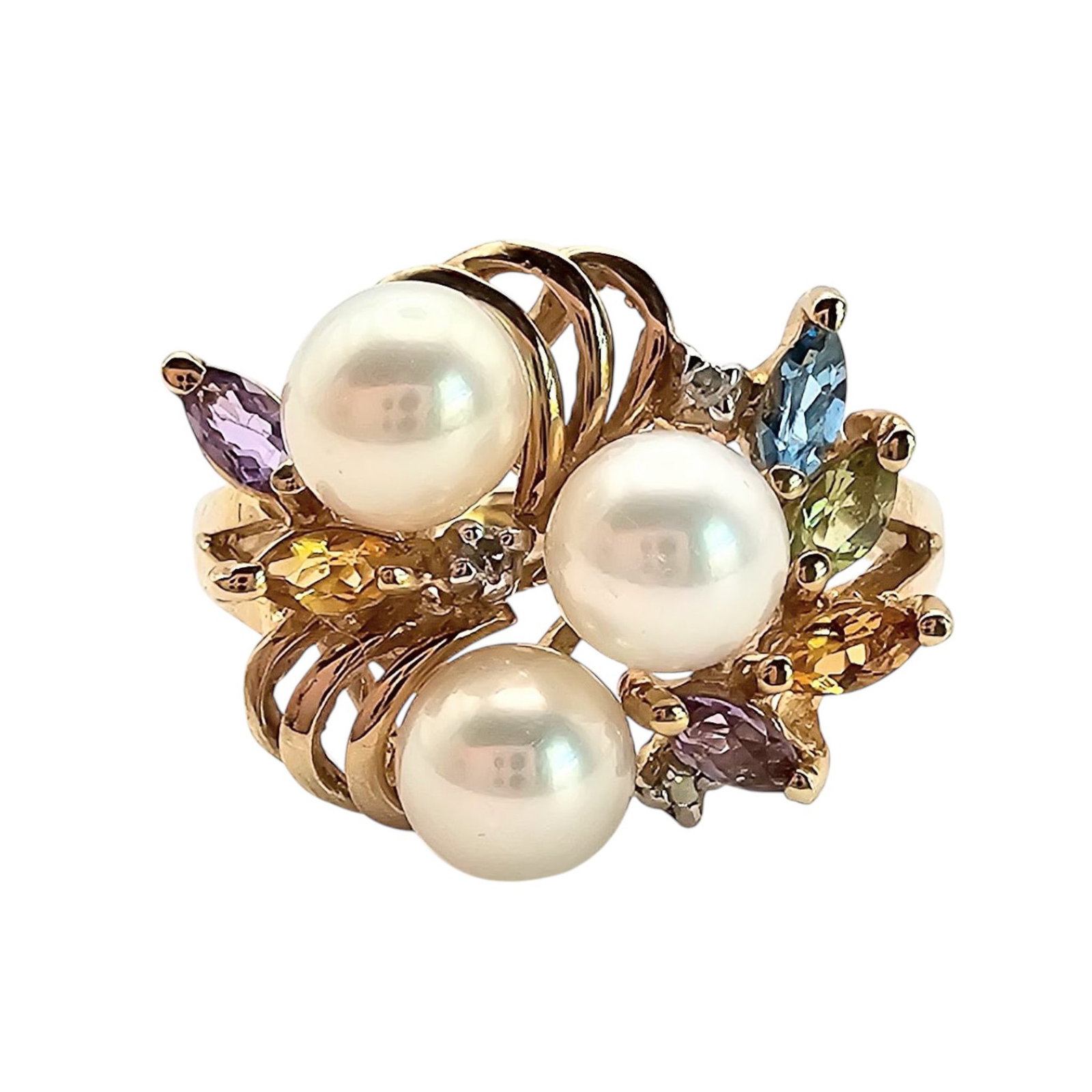 Multi-Gemstone Pearl 10K Gold Ring Size 6.75 4.4 G: Multi-Gemstone Pearl Amethyst, Topaz, citrine, Diamond 10K Gold Ring Size 6.75 4.4 G