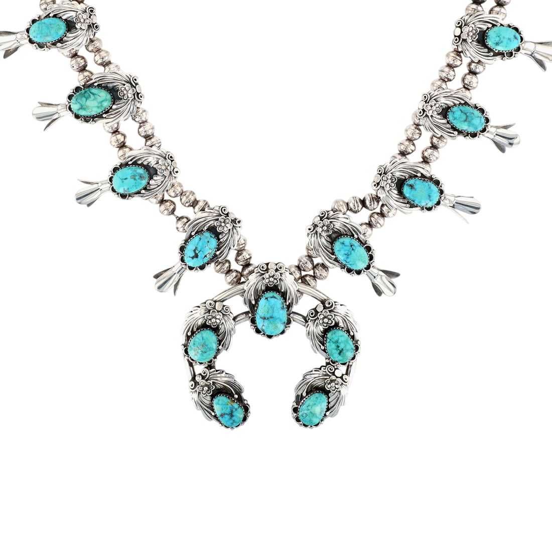 Henriette Yesele Navajo Sterling Turquoise Squash Blossom Necklace: Henriette Yesele Navajo Sterling Turquoise Squash Blossom Necklace 175g