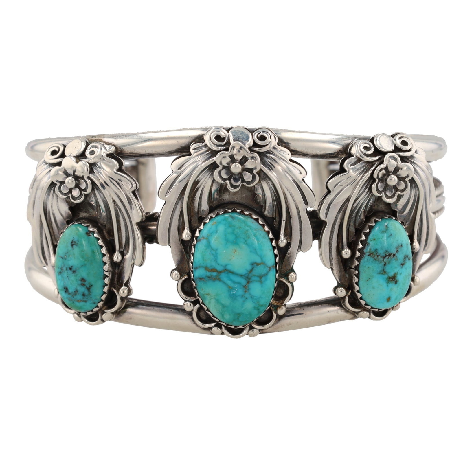 Henriette Yesele Navajo Sterling Turquoise Blossom Cuff Bracelet: Henriette Yesele Navajo Sterling Turquoise Blossom Cuff Bracelet 44.5g