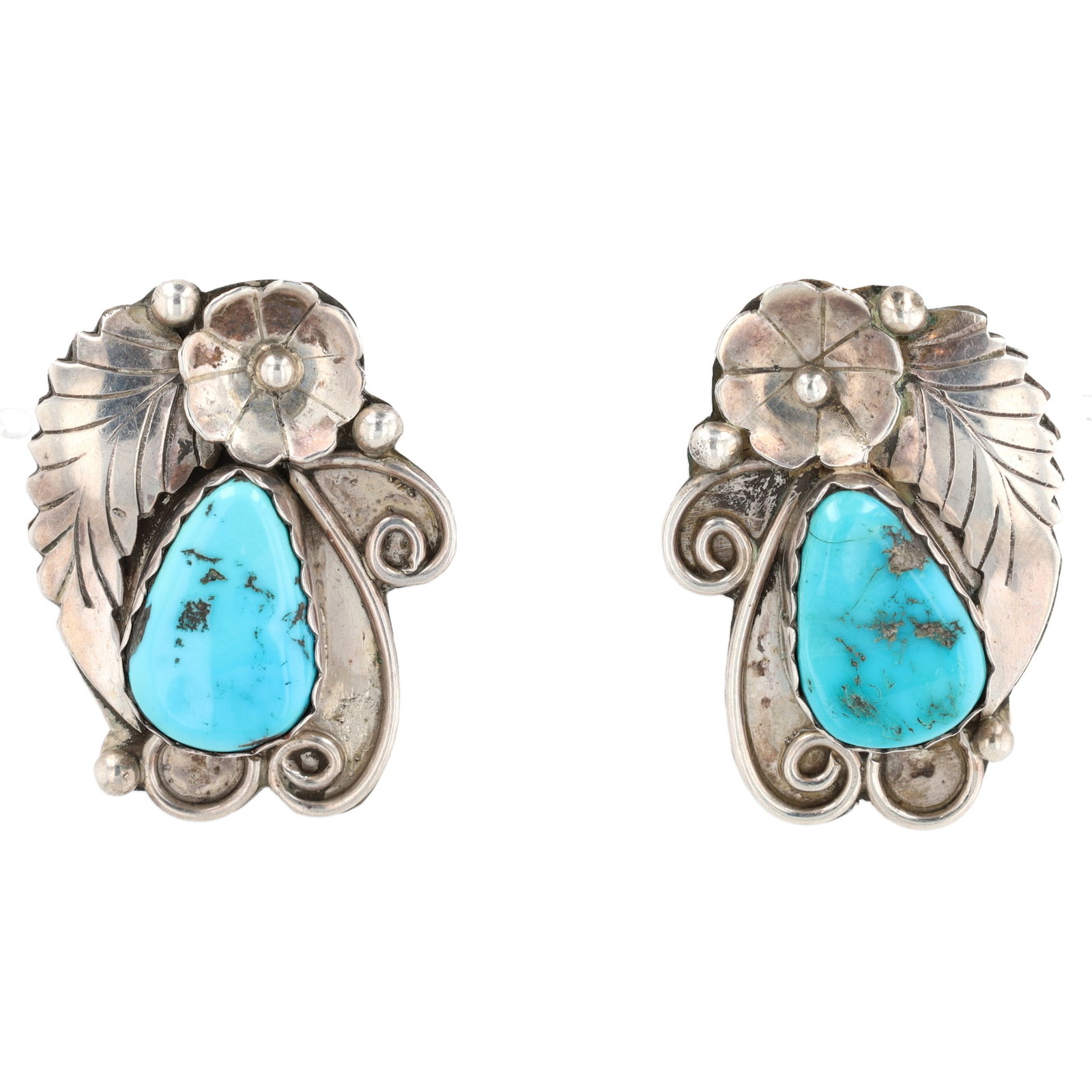 Randy Hoskie Navajo Sterling Turquoise Blossom Stud Earrings: Randy Hoskie Navajo Sterling Turquoise Blossom Stud Earrings 14g