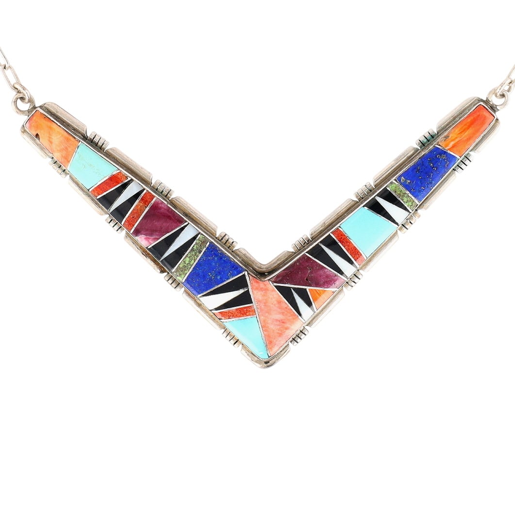 Dawn Lucas Navajo Sterling Multi-Stone Inlay Necklace: Dawn Lucas Navajo Sterling Multi-Stone Inlay Necklace 21g-Spiny Oyster, Turquoise, Coral, Onyx, Mother-of-Pearl, Lapis, Gaspeite