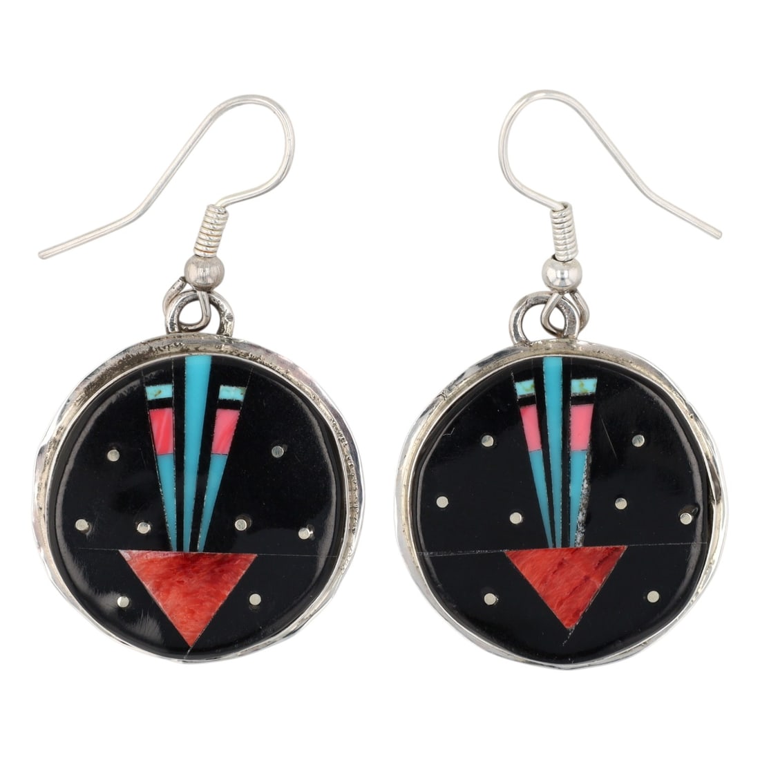 Gilbert Smith Navajo Sterling Multi-Stone Night Sky Earrings: Gilbert Smith Navajo Sterling Multi-Stone Night Sky Hook Earrings 7g-Coral, Spiny Oyster, Turquoise, Jet