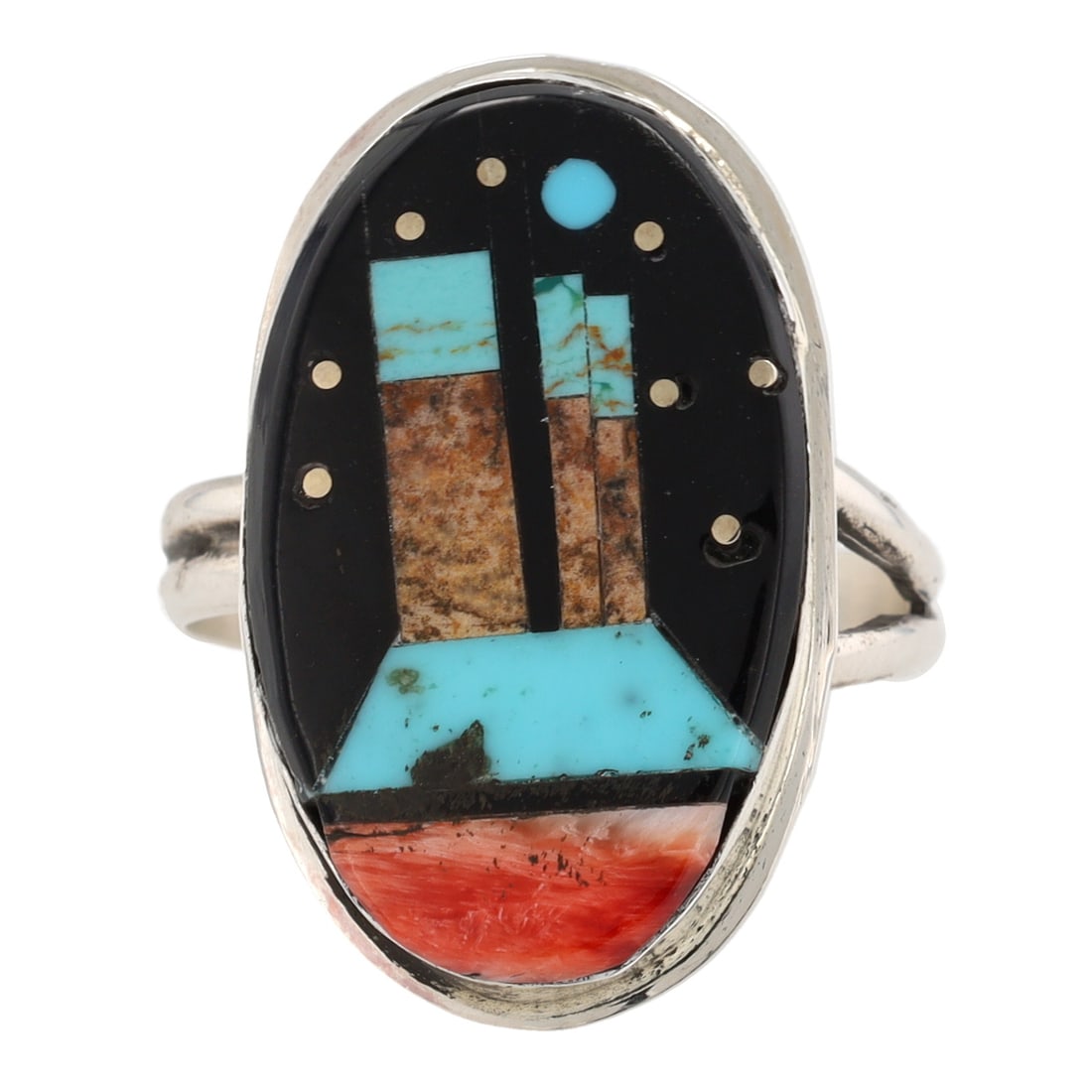 Gilbert Smith Navajo Sterling Multi-Stone Geographic Inlay Adjustable Ring: Gilbert Smith Navajo Sterling Multi-Stone Geographic Inlay Adjustable Ring Sz 10, 6g-Picture Jasper, Spiny Oyster, Turquoise, Jet