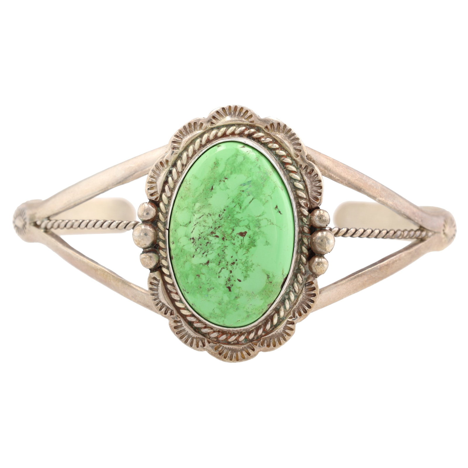 Sally Yazzie Navajo Sterling Gaspeite Cuff Bracelet: Sally Yazzie Navajo Sterling Gaspeite Cuff Bracelet 27g