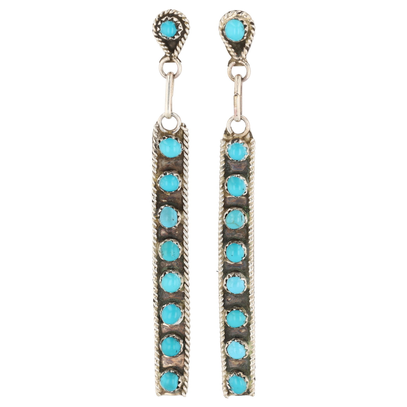 Carol Allapowa Zuni Sterling Kingman Turquoise Stud Dangle Earrings: Carol Allapowa Zuni Sterling Kingman Turquoise Stud Dangle Earrings 7.5g