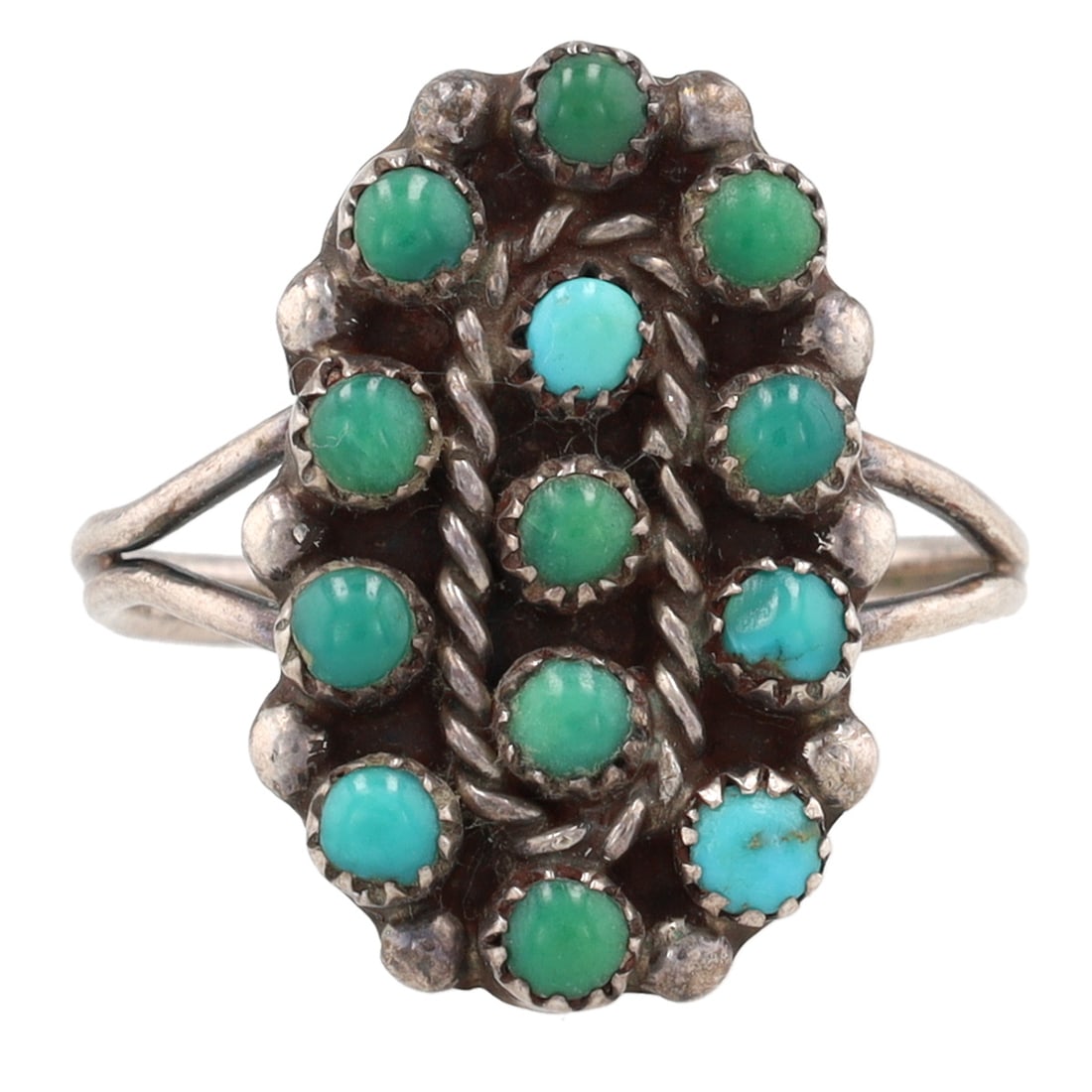 Vintage Zuni Sterling Snake Eye Green Turquoise Cluster Ring Sz 8: Vintage Zuni Sterling Snake Eye Green Turquoise Cluster Ring Sz 8, 3g