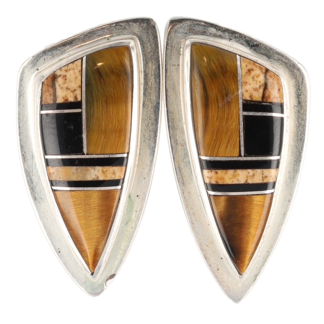 Ervin Hoskie Navajo Sterling Multi-Stone Inlay Earrings: Ervin Hoskie Navajo Sterling Multi-Stone Inlay Stud Earrings 7g-Picture Jasper, Tiger Eye, Onyx