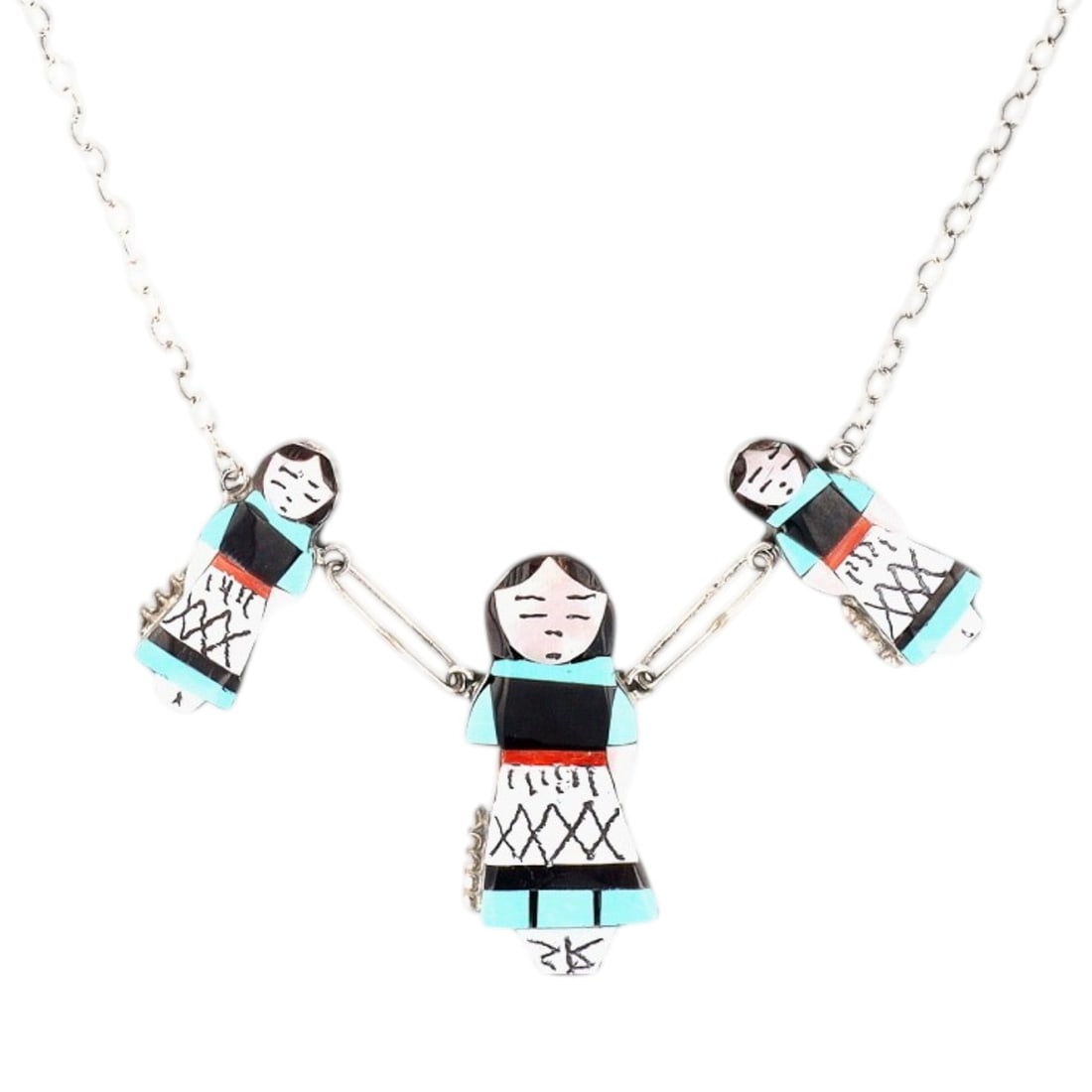 Joyce Waseta Zuni Sterling Multi-Stone Olla Maiden Inlay Necklace: Joyce Waseta Zuni Sterling Multi-Stone Olla Maiden Inlay Necklace 25g-Coral, Jet, Mother-of-Pearl, Turquoise-Set with Lots 22, 23, 24