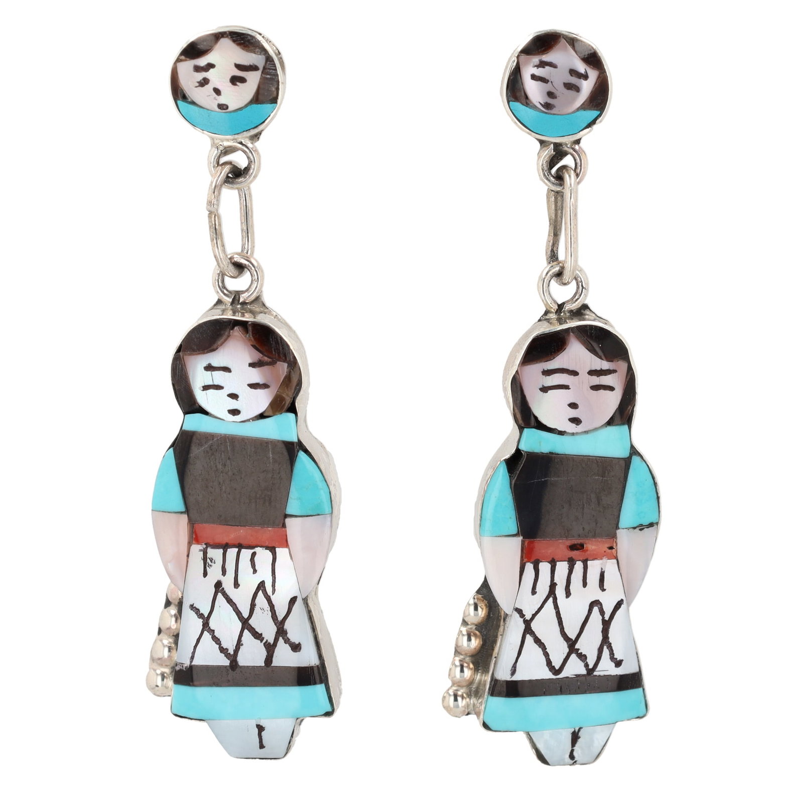 Joyce Waseta Zuni Sterling Multi-Stone Olla Maiden Inlay Earrings: Joyce Waseta Zuni Sterling Multi-Stone Olla Maiden Inlay Earrings 12g-Coral, Jet, Mother-of-Pearl, Turquoise-Set with Lots 21, 23, 24