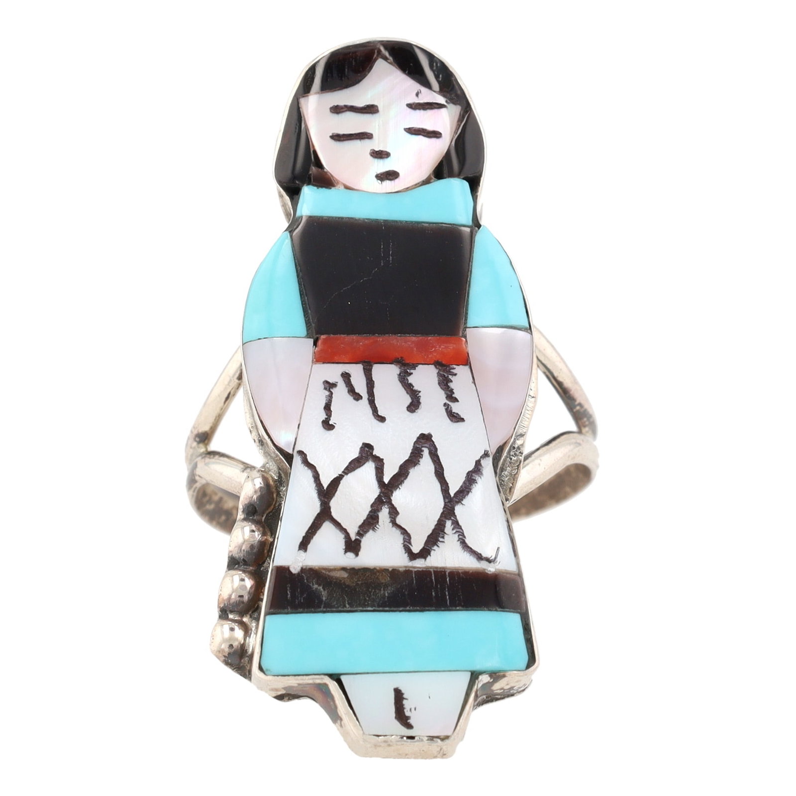 Joyce Waseta Zuni Sterling Multi-Stone Olla Maiden Inlay Ring Sz 8.5: Joyce Waseta Zuni Sterling Multi-Stone Olla Maiden Inlay Ring Sz 8.5, 6g-Coral, Jet, Mother-of-Pearl, Turquoise-Set with Lots 21, 22, 24
