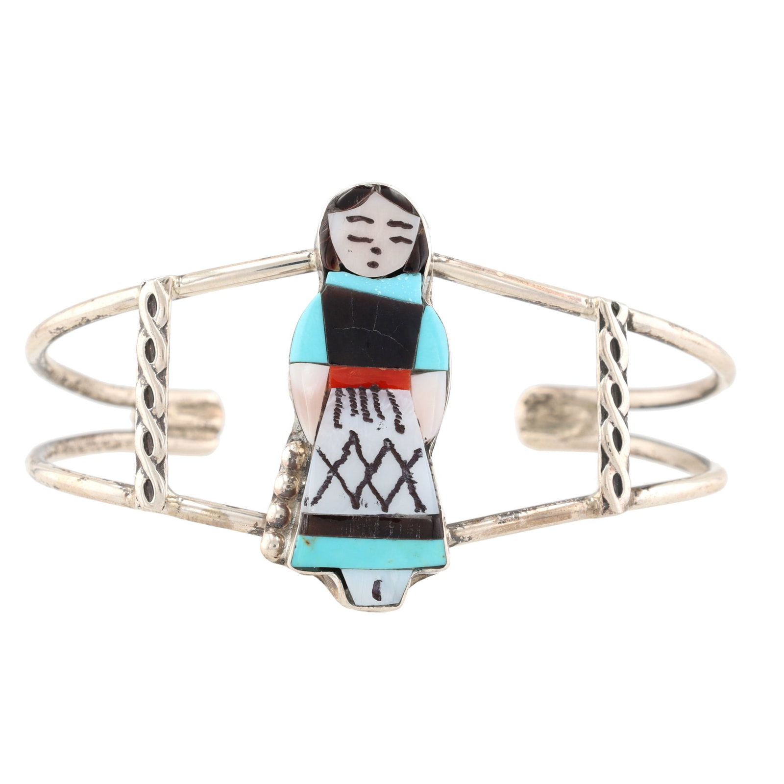Joyce Waseta Zuni Sterling Multi-Stone Olla Maiden Inlay Bracelet: Joyce Waseta Zuni Sterling Multi-Stone Olla Maiden Inlay Bracelet 16.5g-Coral, Jet, Mother-of-Pearl, Turquoise-Circumference: Approx. 6.1 inches/15.5 cm-Opening: Approx. 1.1 inches/2.9 cm-Set with Lot