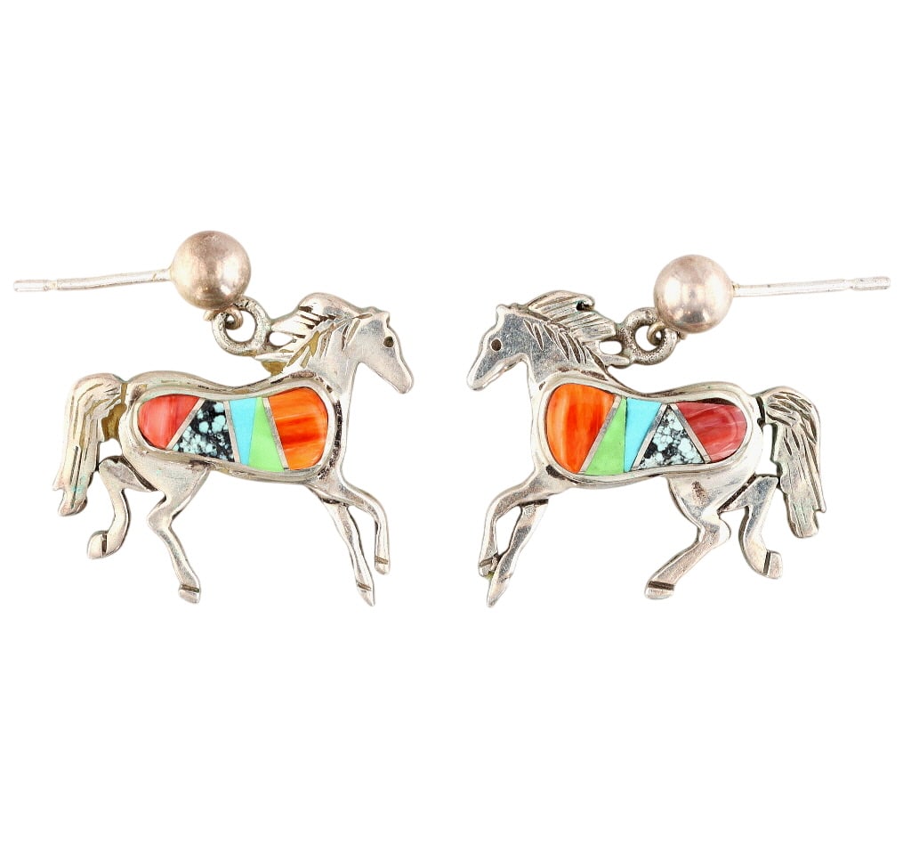 Touch Of Santa Fe Sterling Multi-Stone Inlay Horse Earrings: Touch Of Santa Fe Sterling Multi-Stone Inlay Horse Stud Dangle Earrings 7g-Spiny Oyster, Turquoise, Gaspeite