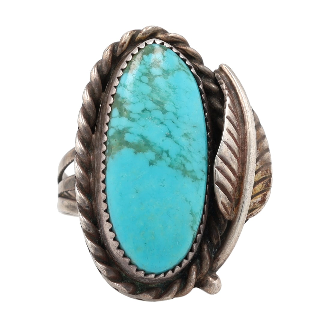 Signed Vintage Navajo Sterling Turquoise Ring Sz 6: Signed Vintage Navajo Sterling Turquoise Ring Sz 6, 8g-Fox Head Pictograph