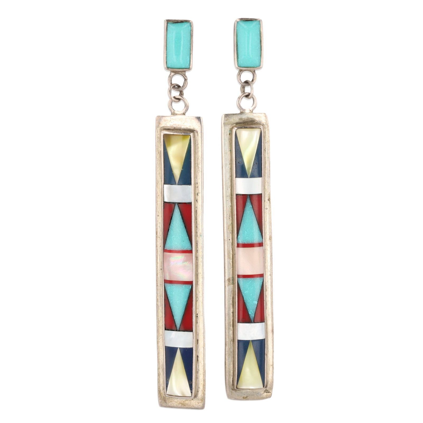 Vintage Navajo Sterling Multi-Stone Inlay Stud Earrings: Vintage Navajo Sterling Multi-Stone Inlay Stud Bar Dangle Earrings 10g-Lapis, Coral, Turquoise, Mother-of-Pearl