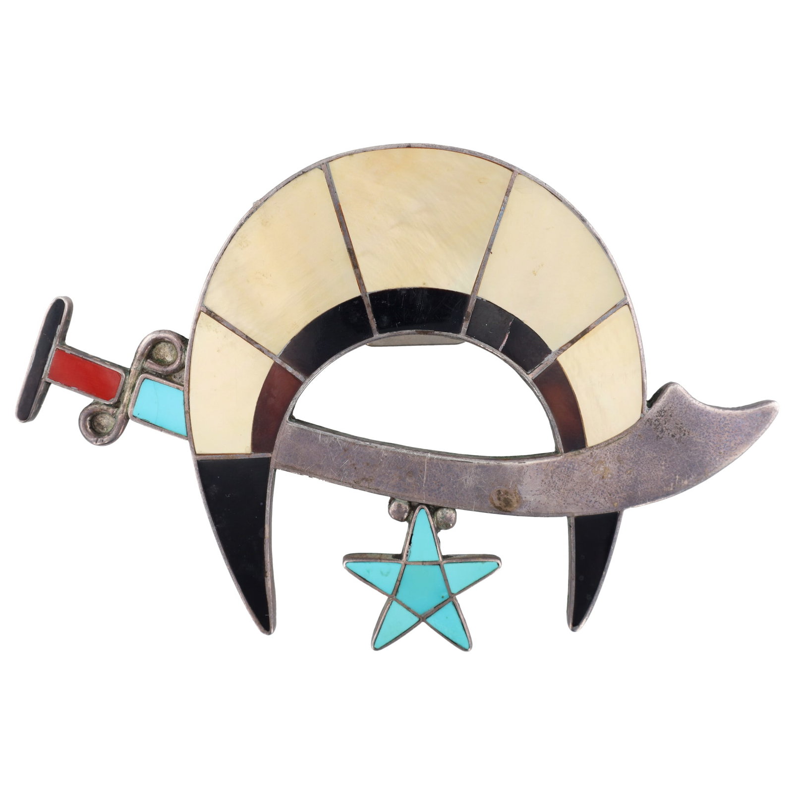 Vintage Wilford & Lena Quandelacy Zuni Sterling Multi Stone Masonic Shriner Inlay Bolo Tie: Vintage Wilford & Lena Quandelacy Zuni Sterling Multi Stone Masonic Shriner Inlay Bolo Tie - 38g-Shell, Turquoise, Coral, Mother of Pearl, Onyx/Jet