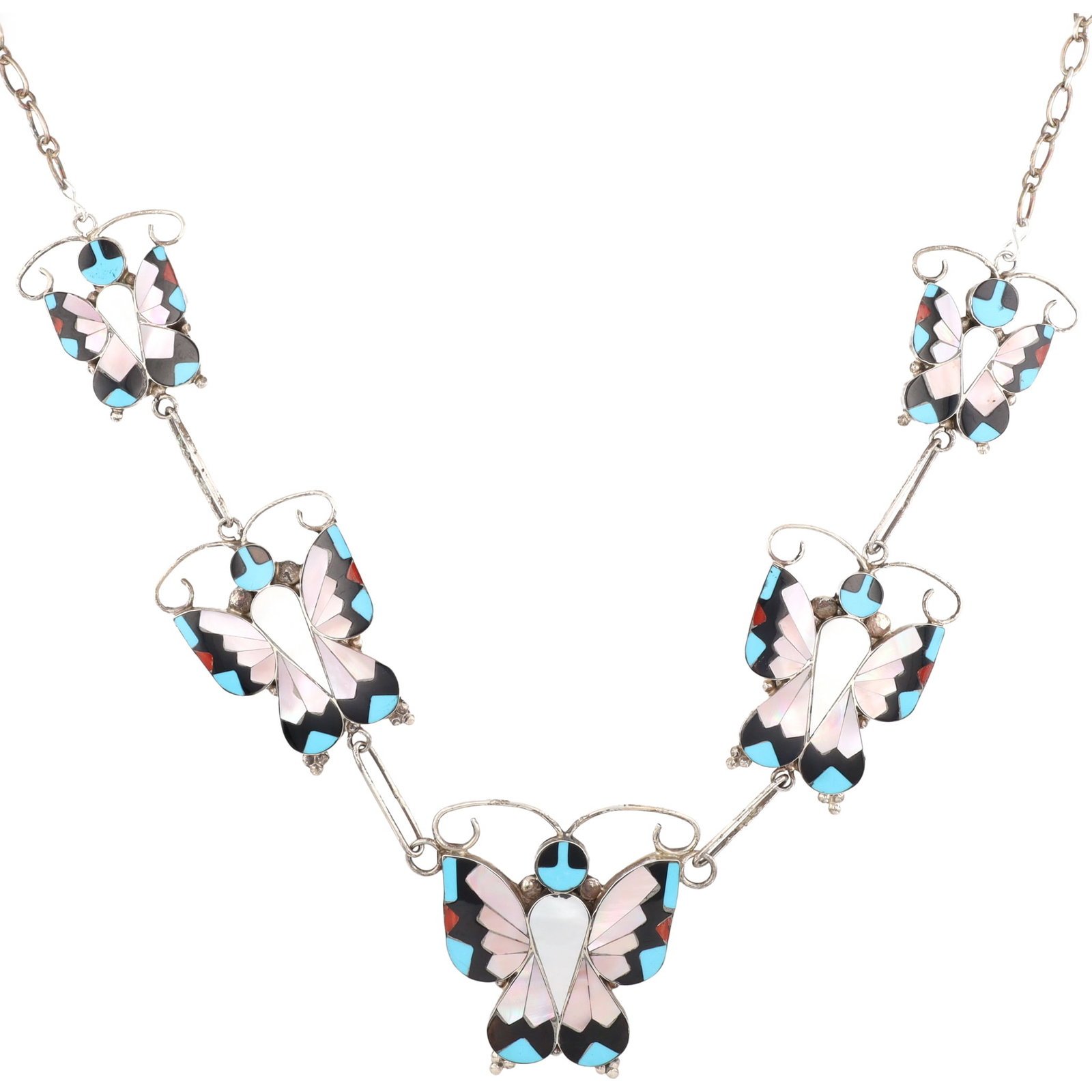 Alison Dishta Zuni Sterling Multi-Stone Inlay Butterfly Necklace: Alison Dishta Zuni Sterling Multi-Stone Inlay Butterfly Necklace 55g-Coral, Mother-of-Pearl, Jet, Turquoise-Set with Lot 42