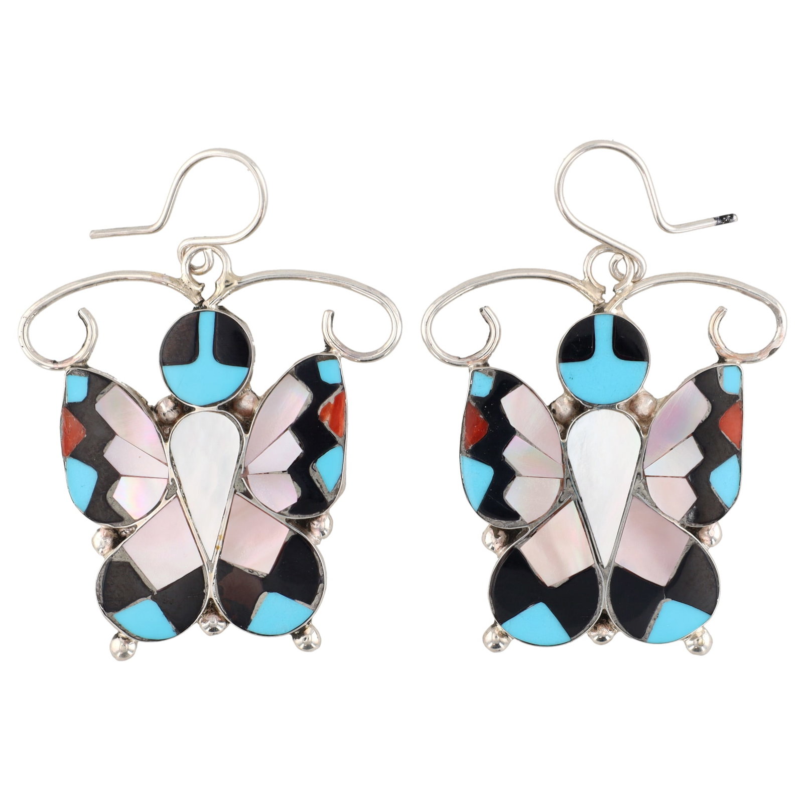 Alison Dishta Zuni Sterling Multi-Stone Inlay Butterfly Earrings: Alison Dishta Zuni Sterling Multi-Stone Inlay Butterfly Hook Earrings 11g-Coral, Mother-of-Pearl, Jet, Turquoise-Set with Lot 41