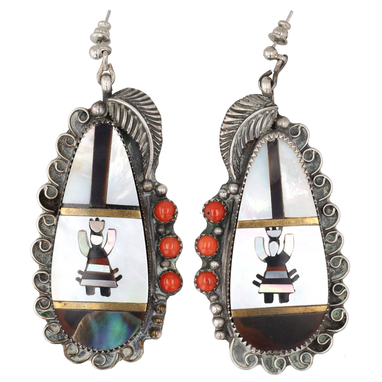 Van Thomas Navajo Sterling Multi-Stone GAAN Dancer Inlay Stud Earrings: Van Thomas Navajo Sterling Multi-Stone GAAN Dancer Inlay Stud Earrings 36.5g-Jet, Mother-of-Pearl, Coral