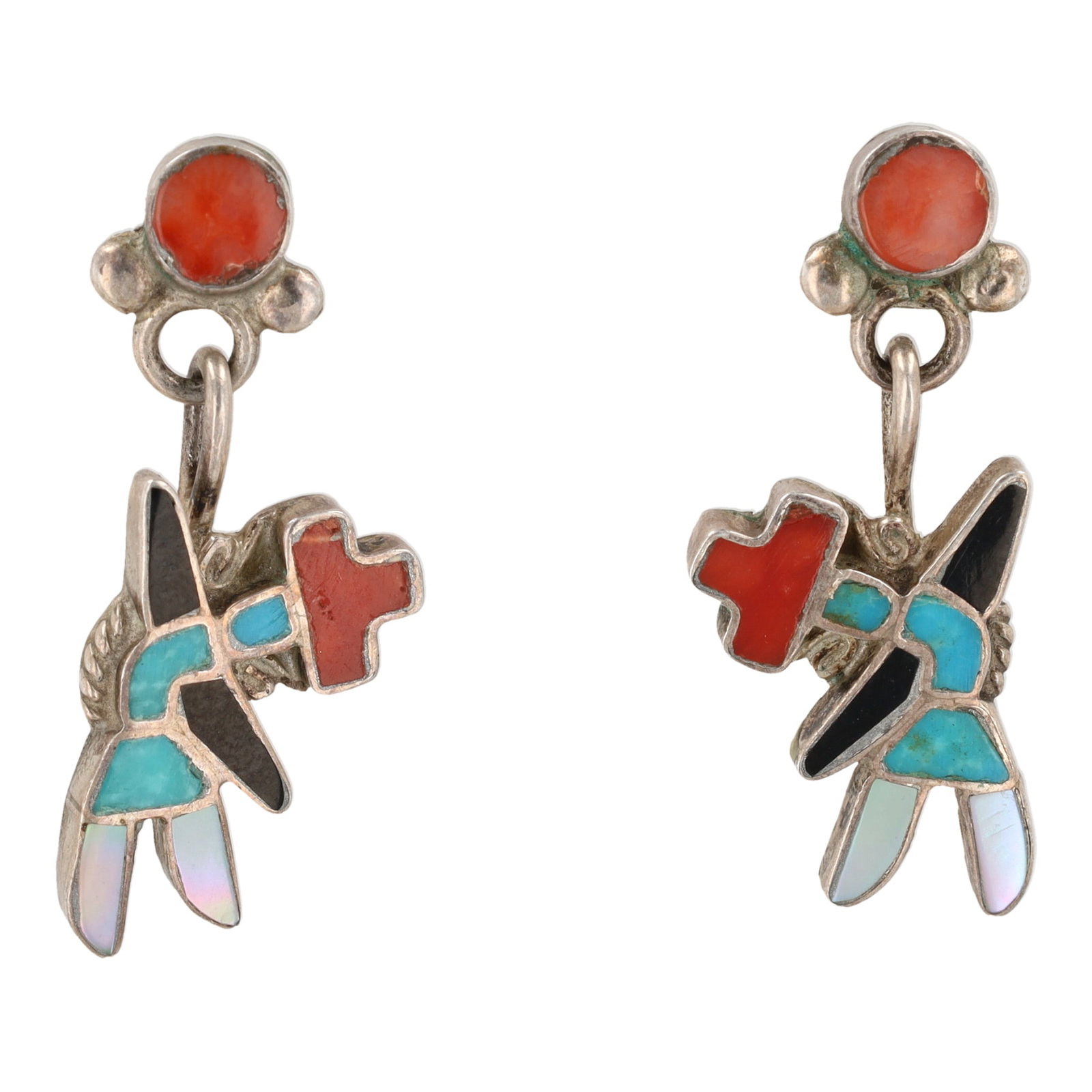 Emma Romancito Zuni Sterling Multi-Stone Rainbow Man Inlay Earrings: Emma Romancito Zuni Sterling Multi-Stone Rainbow Man Inlay Earrings 4.5g-Coral, Turquoise, Jet, Mother-of-Pearl