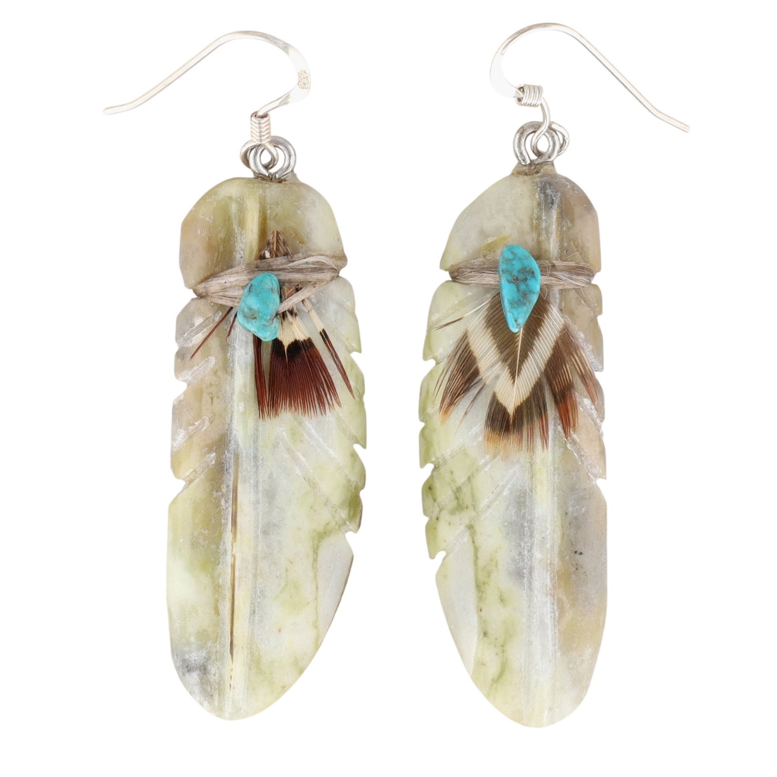 Award Winning Artist Stacey Turpen Navajo Sterling Carved Multi-Stone Feather Earrings: Award Winning Artist Stacey Turpen Navajo Sterling Carved Multi-Stone Feather Hook Earrings 11.5g-Turquoise, Feather, Serpentine