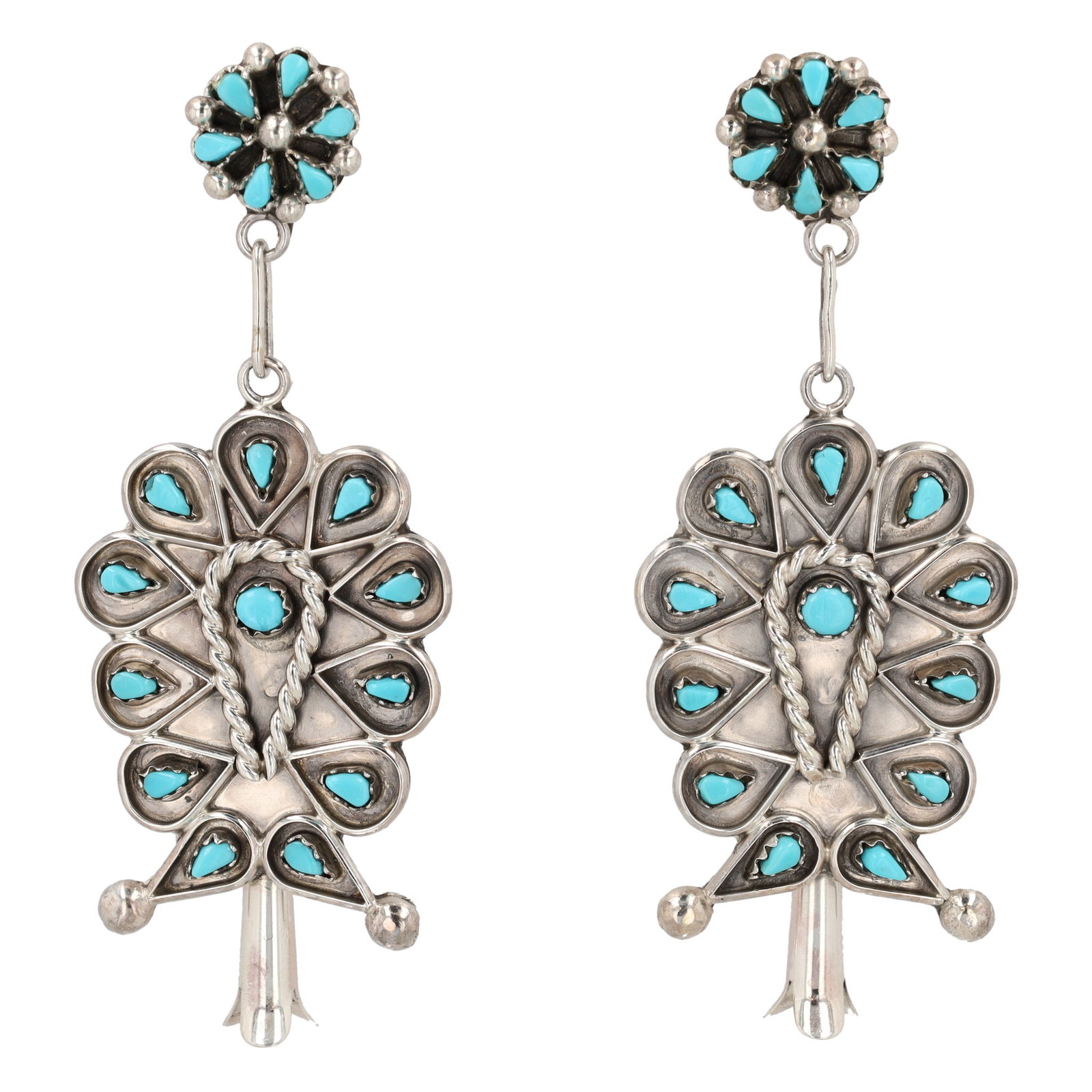 Tricia Leekity Zuni Sterling Kingman Turquoise Squash Blossom Stud Dangle Earrings: Tricia Leekity Zuni Sterling Kingman Turquoise Squash Blossom Stud Dangle Earrings 16g