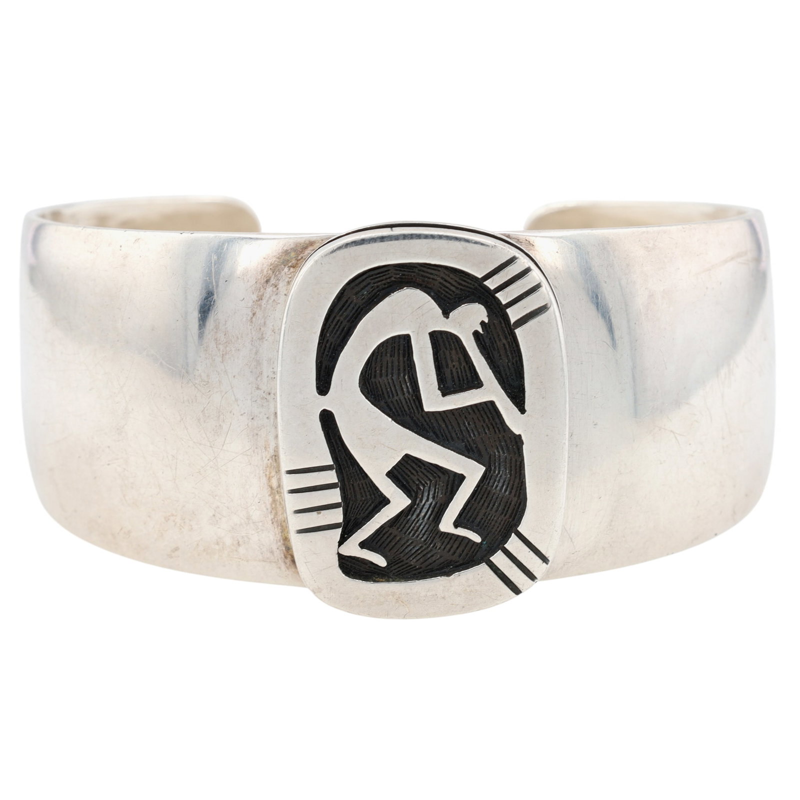 Hopi Silvercraft Guild Plain Silver Kokopelli Overlay Cuff Bracelet: Hopi Silvercraft Guild Plain Sterling Silver Kokopelli Overlay Cuff Bracelet 64g