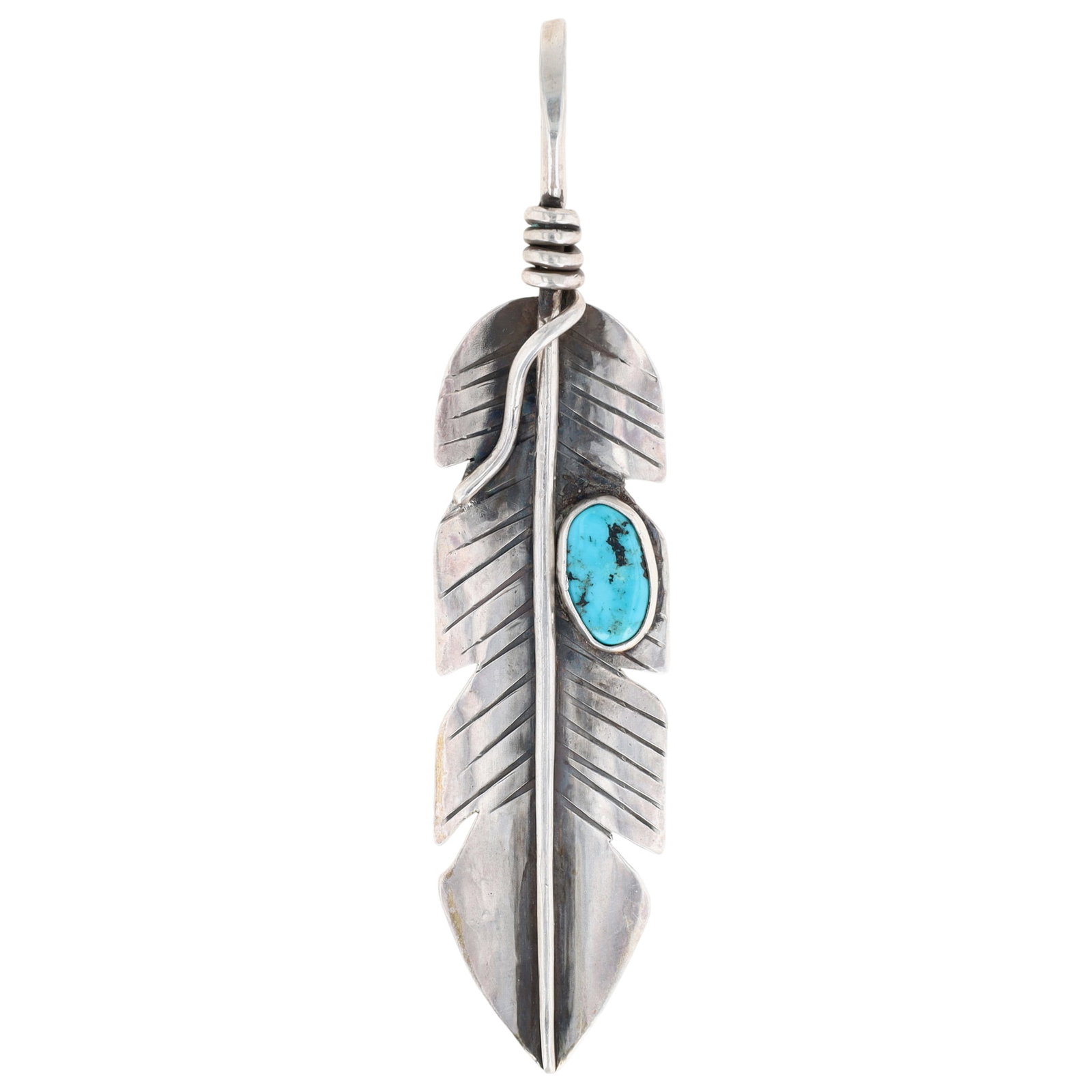 Signed Southwestern Sterling Turquoise Feather Pendant (1 of 4)